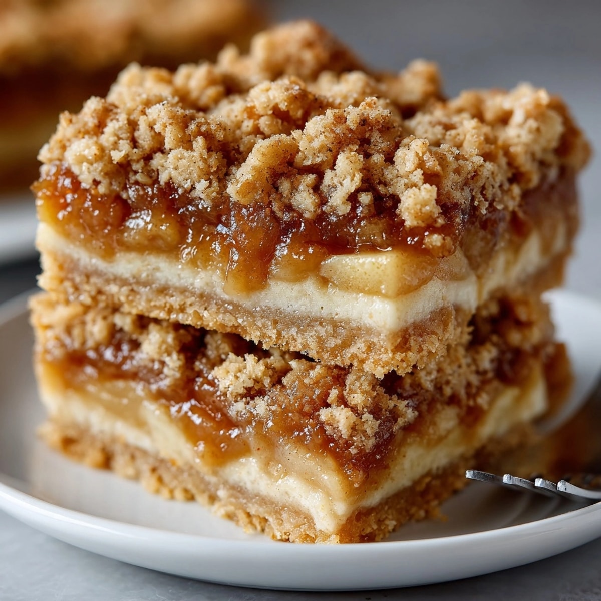 Golden brown Apple Cinnamon Crumble Bars, warm from the oven, topped with streusel.