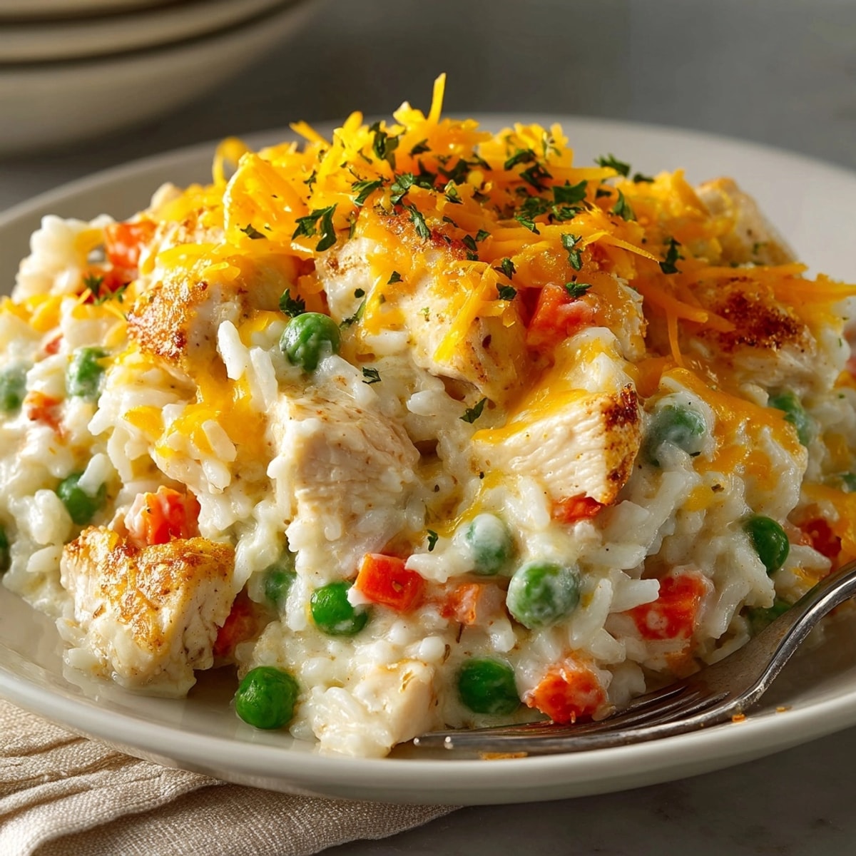 Creamy Chicken and Rice Casserole: golden brown top bubbling, a comforting, savory family dinner.