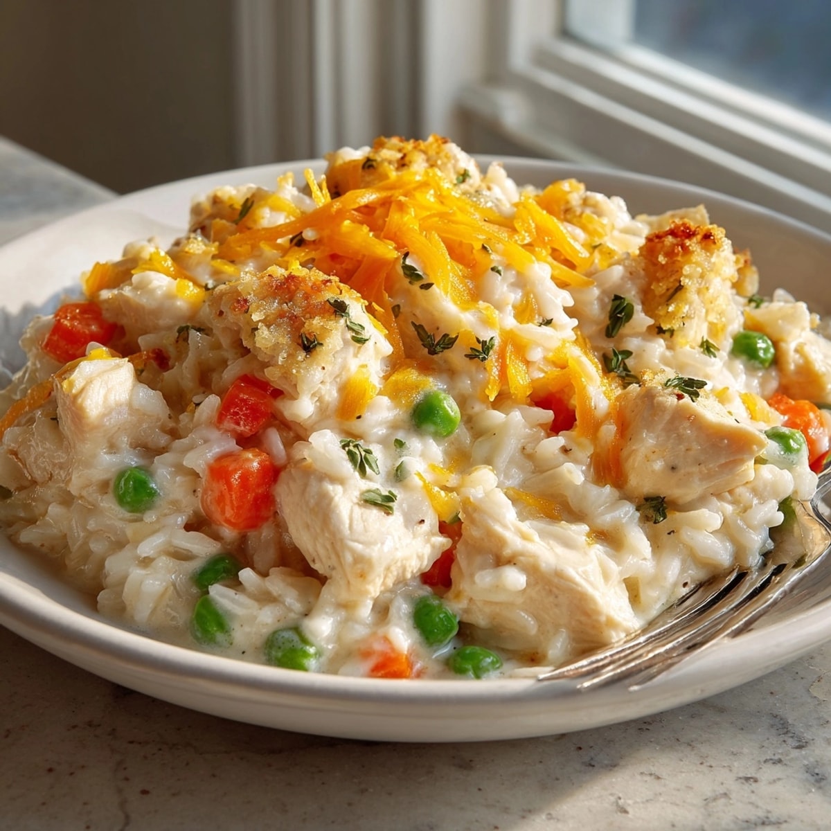 Close up of cheesy Creamy Chicken and Rice Casserole, ready to be served hot tonight.