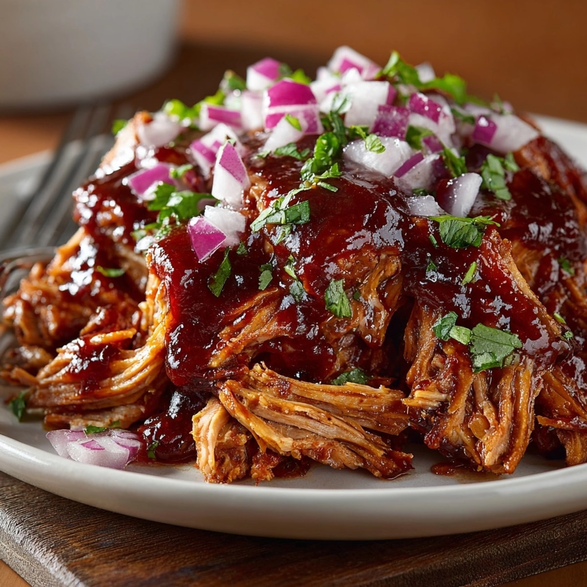 Juicy Slow Cooker BBQ Pulled Pork simmering in tangy sauce, ready for sandwiches.