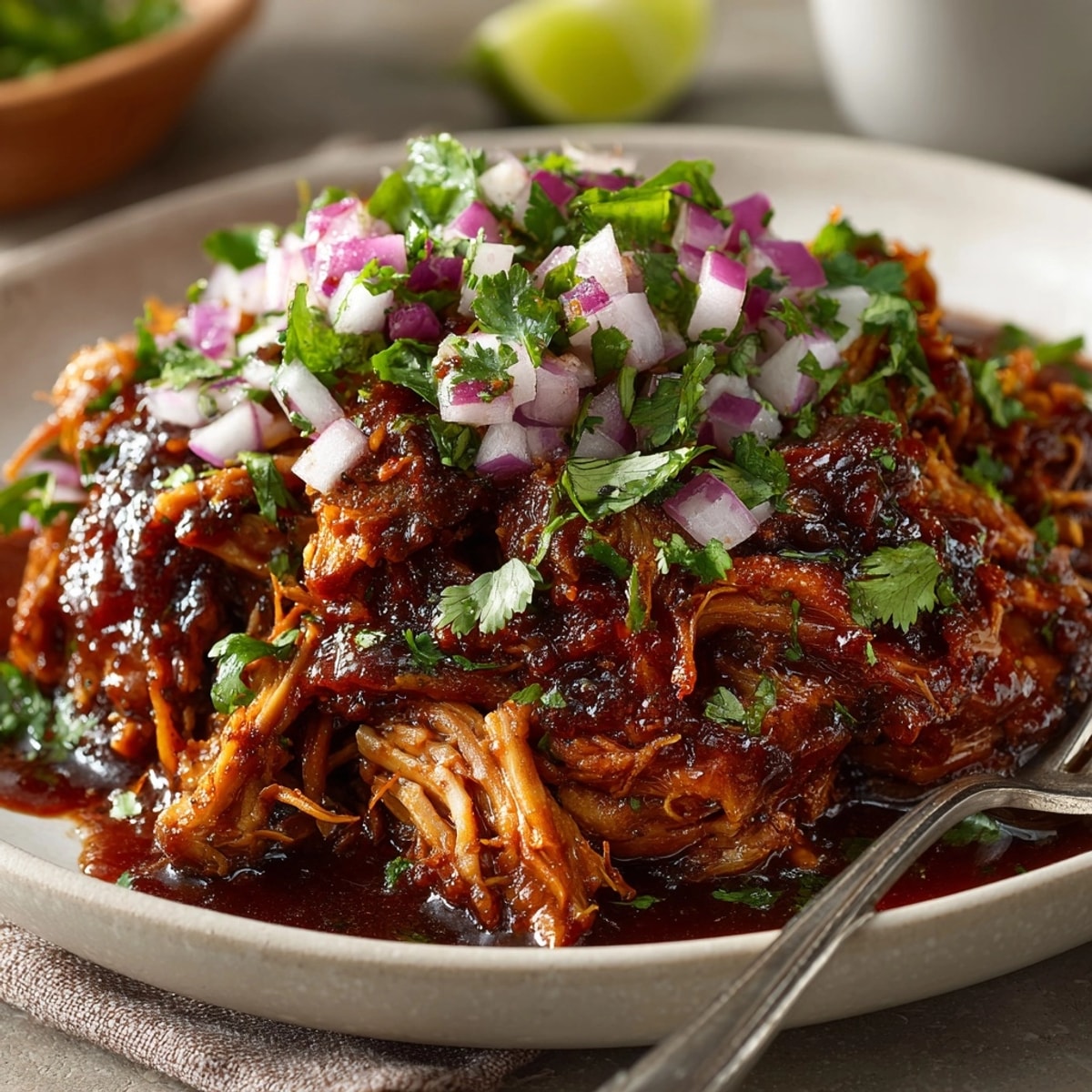 Shredded Slow Cooker BBQ Pulled Pork glistens, piled high, a smoky, savory delight.