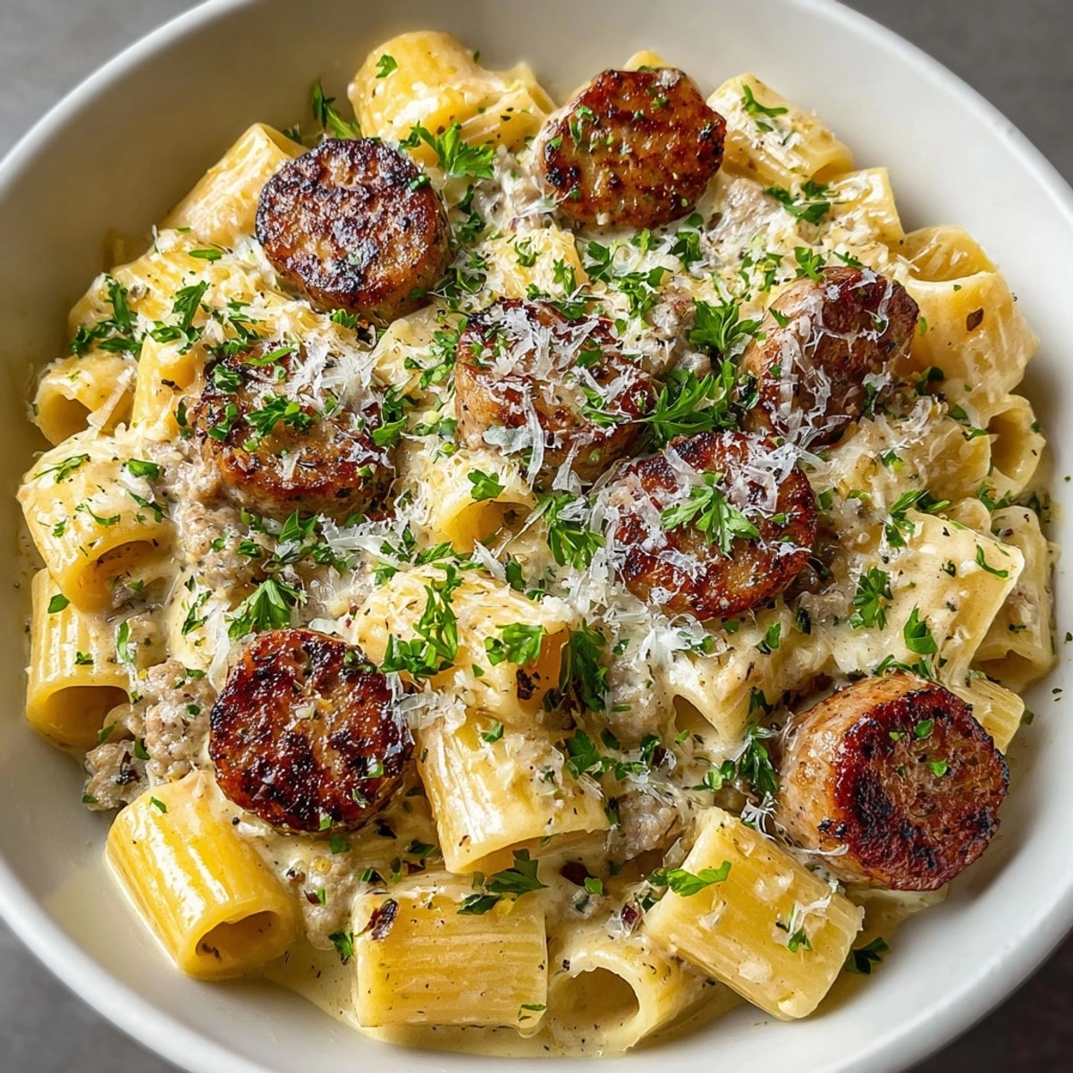 Golden, flavorful One-Pot Creamy Sausage Pasta, aromatic with garlic and bubbling in the pot.