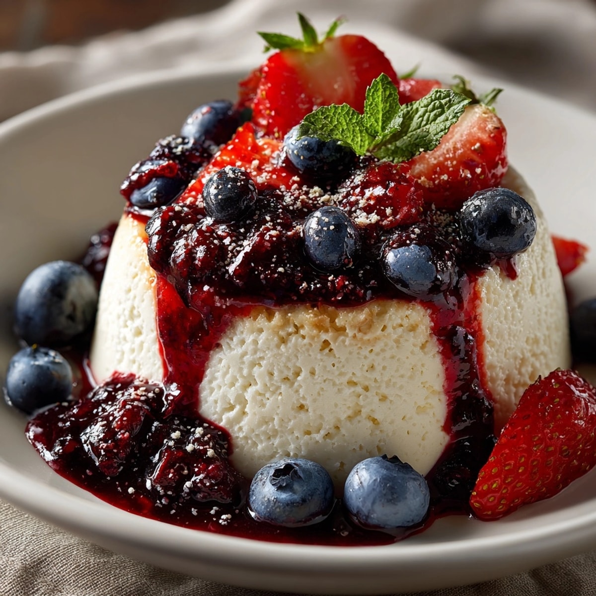 Creamy vanilla bean panna cotta with berry sauce, a luscious bite for dessert.