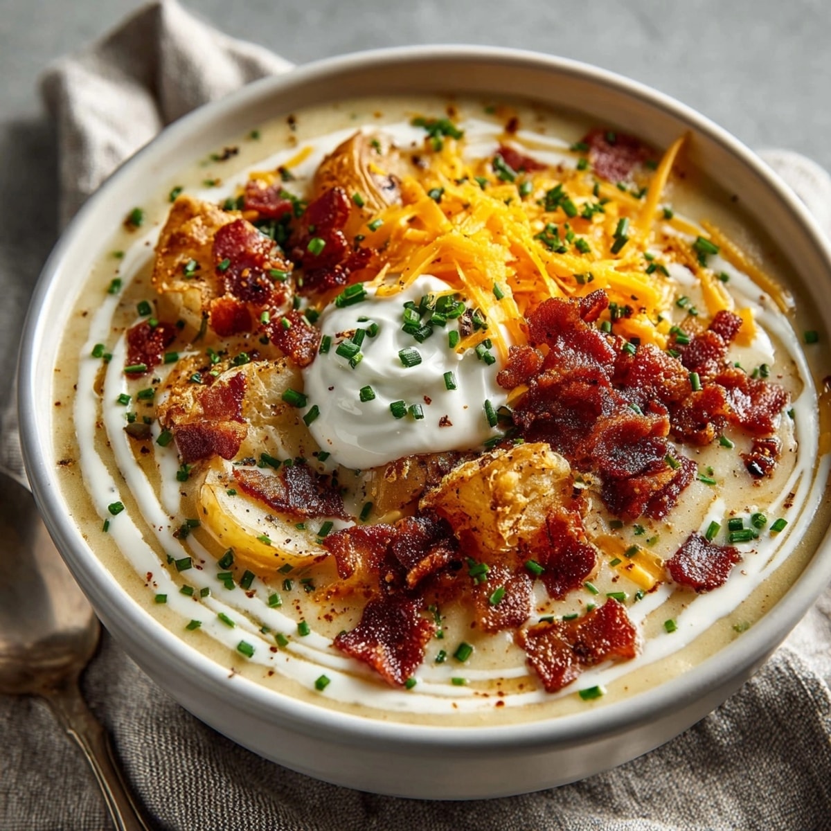 Creamy loaded baked potato soup: Imagine a warm bowl topped with bacon and chives.