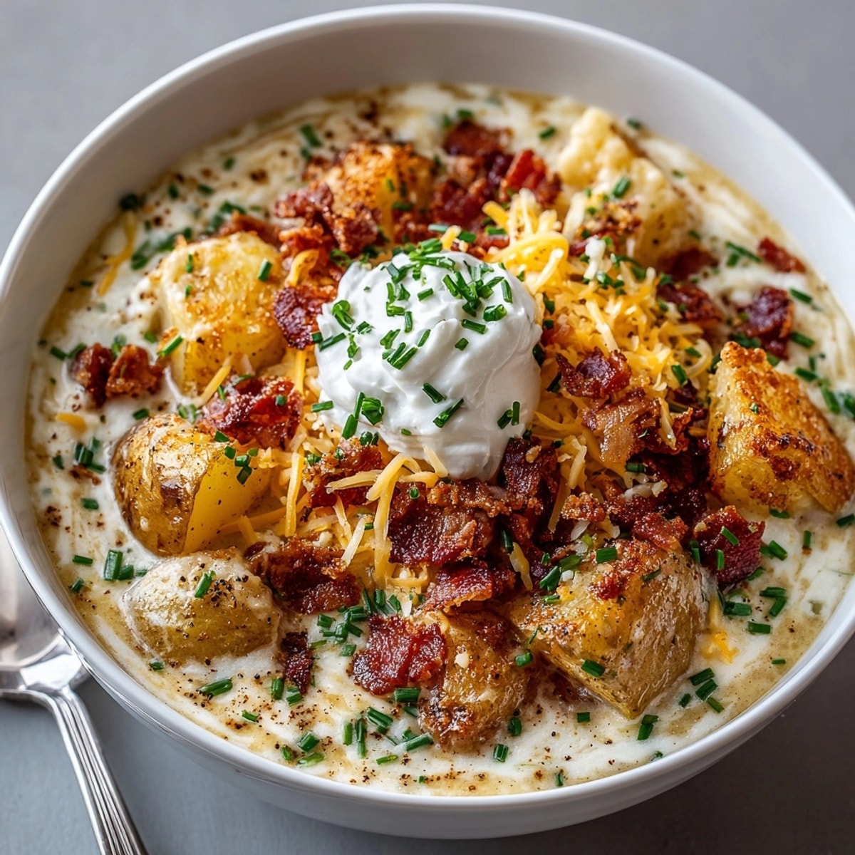 Homemade loaded baked potato soup: Deliciously rich and flavorful, ready to be served hot.