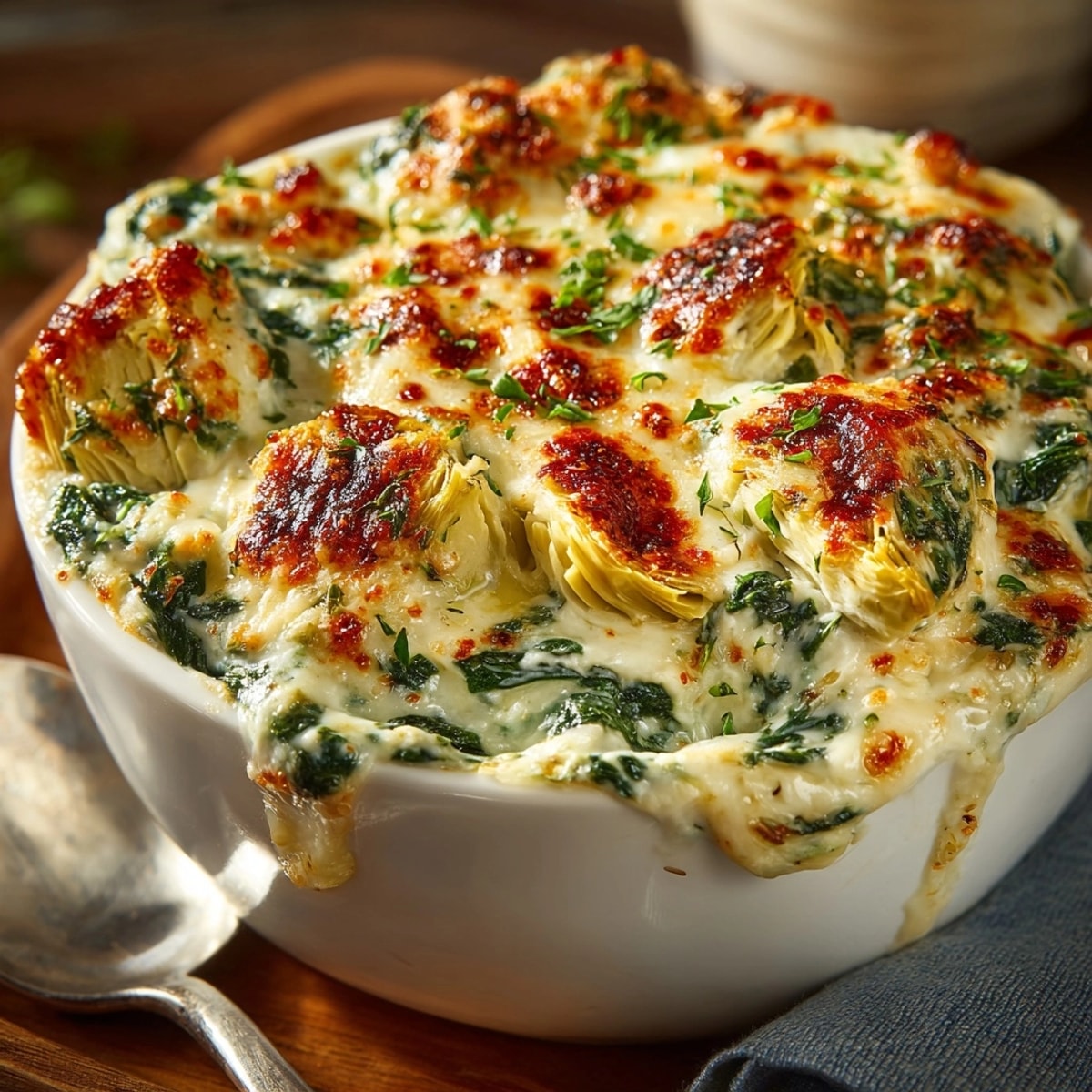 Creamy, bubbling Cheesy Spinach and Artichoke Dip, hot from the oven, ready for dipping.