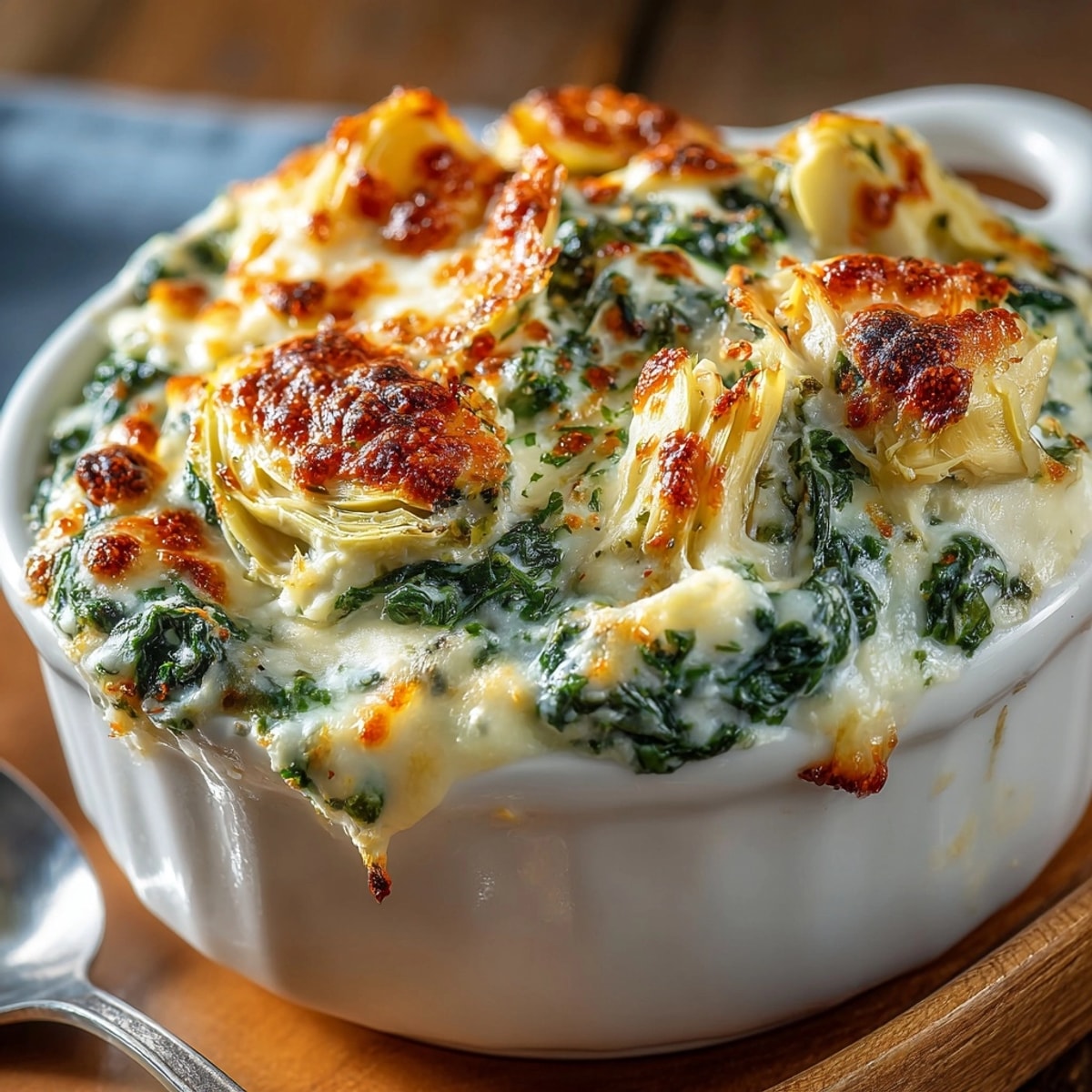 Golden, melted Cheesy Spinach and Artichoke Dip; a comforting crowd-pleaser served at a party.