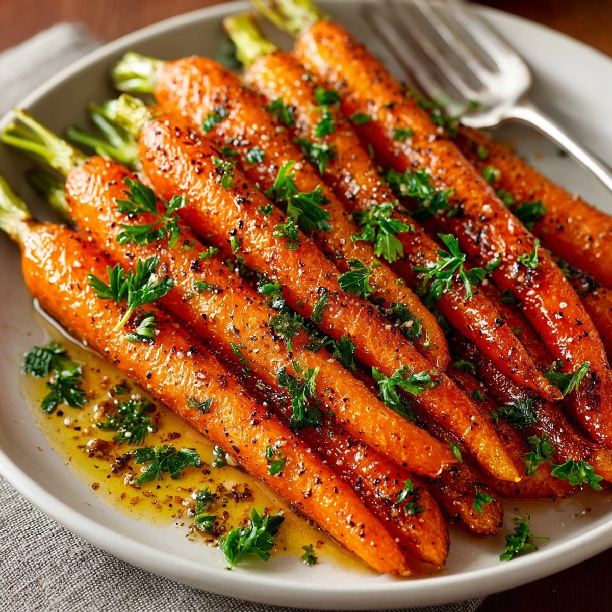 Warm, tender Maple Glazed Roasted Carrots, a sweet and savory autumn side dish.