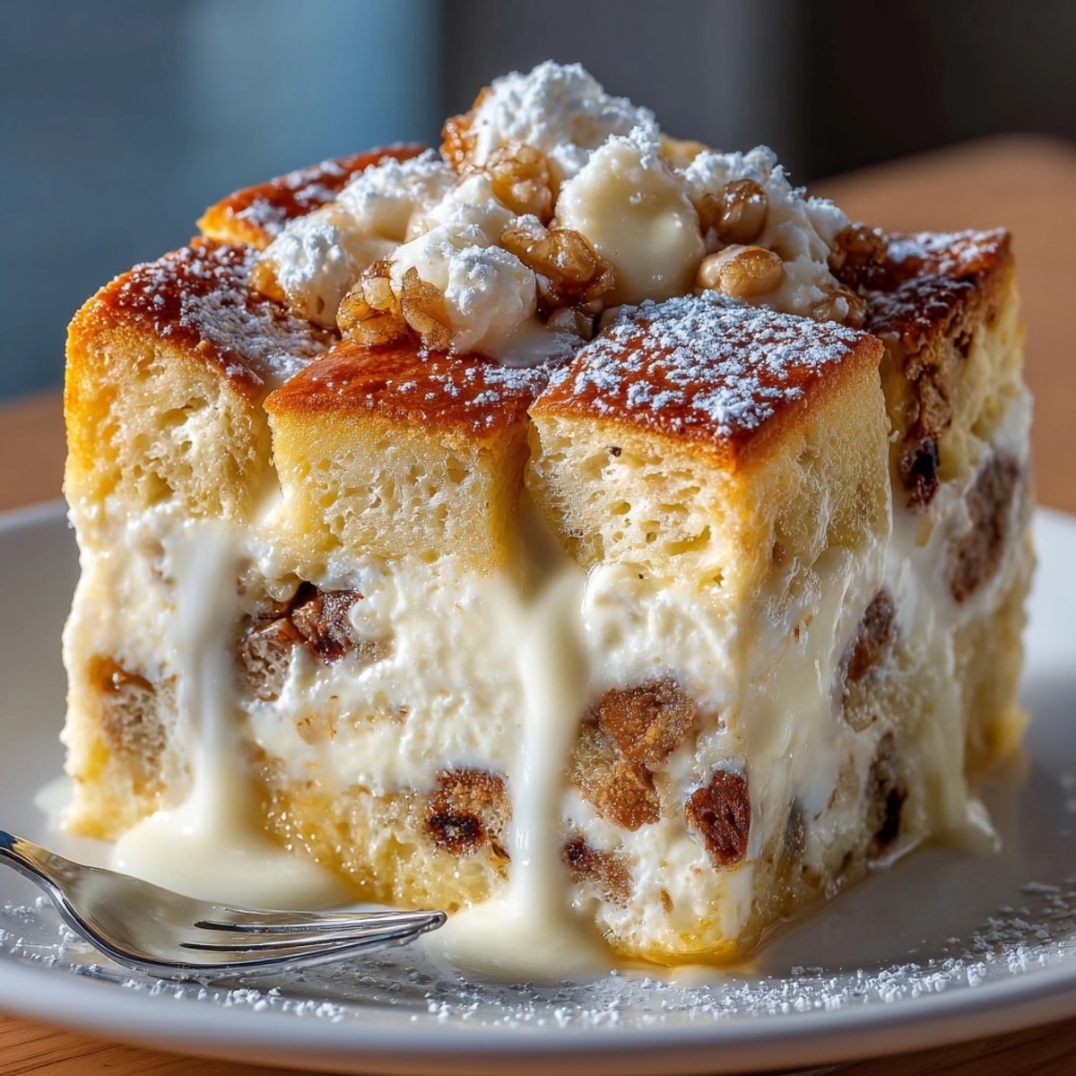 Golden-brown Italian Panettone Bread Pudding, fresh from the oven, dusted with powdered sugar.