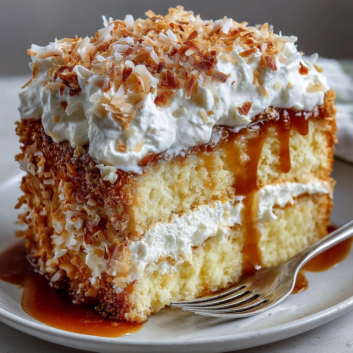Golden Tres Leches Coconut Eggnog Cake, soaked in rich milk, showing toasted coconut.