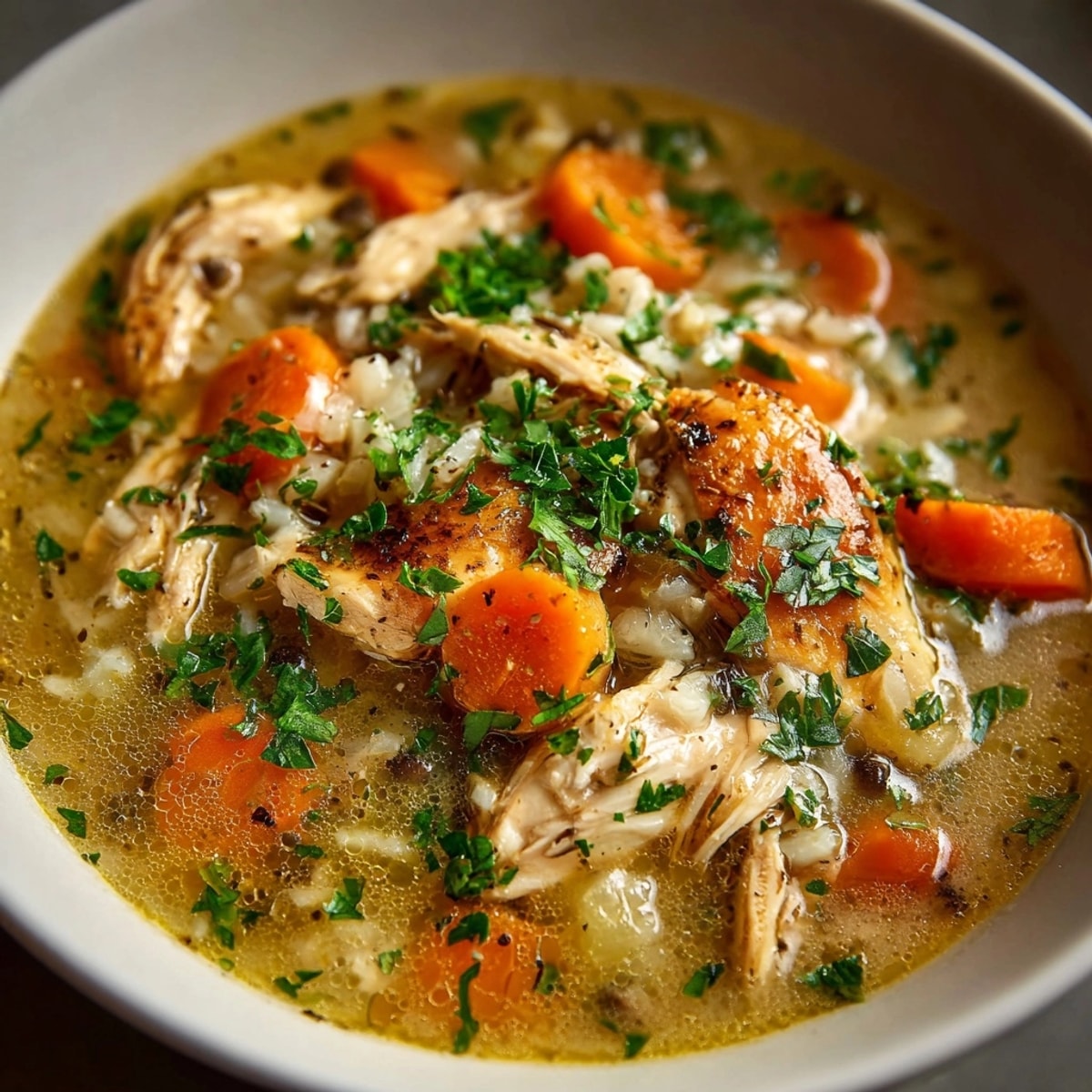 A comforting bowl of Instant Pot Chicken & Wild Rice Soup, speckled with herbs.