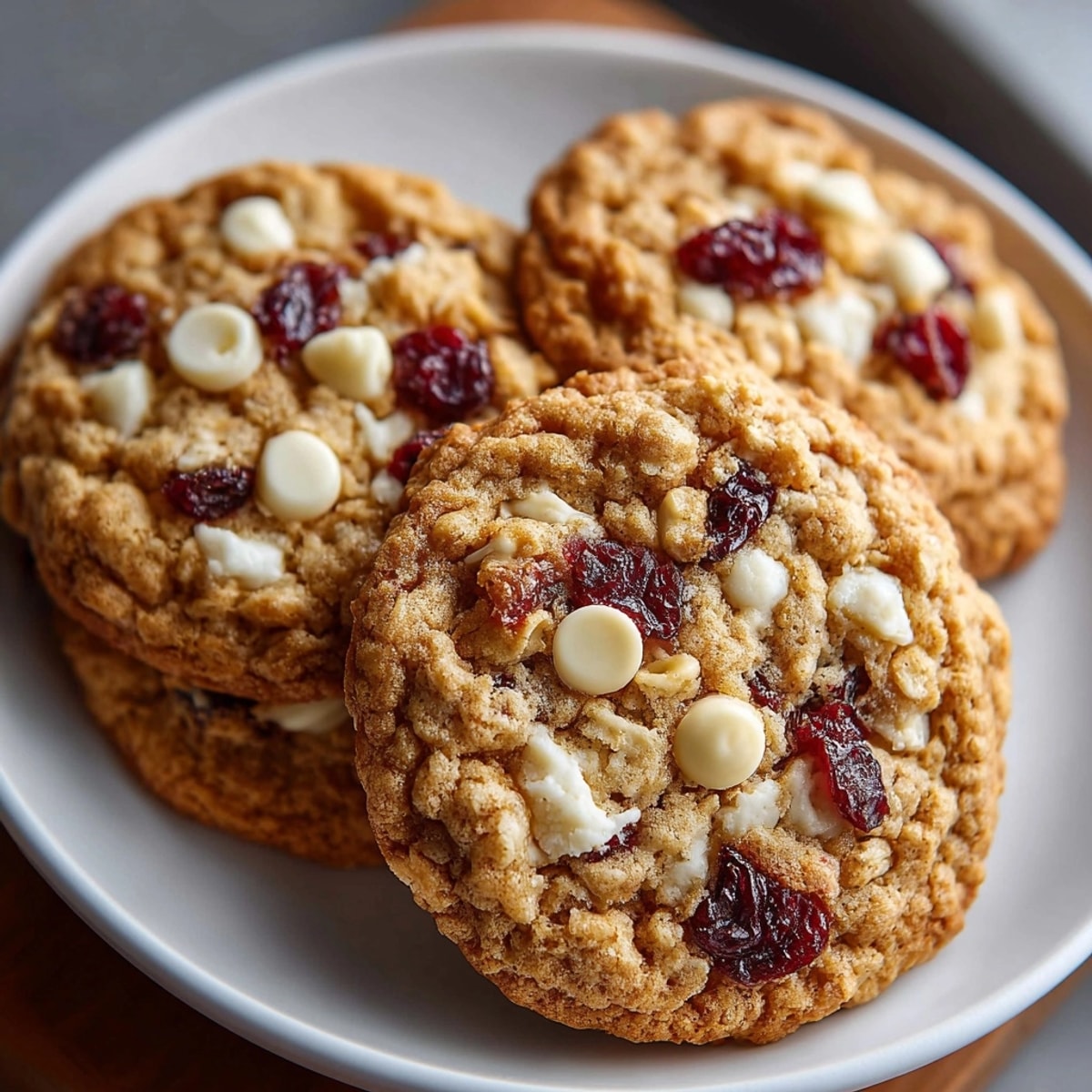 Homemade Cranberry White Chocolate Oatmeal Cookies cooling on a rack; sweet-tart aroma.