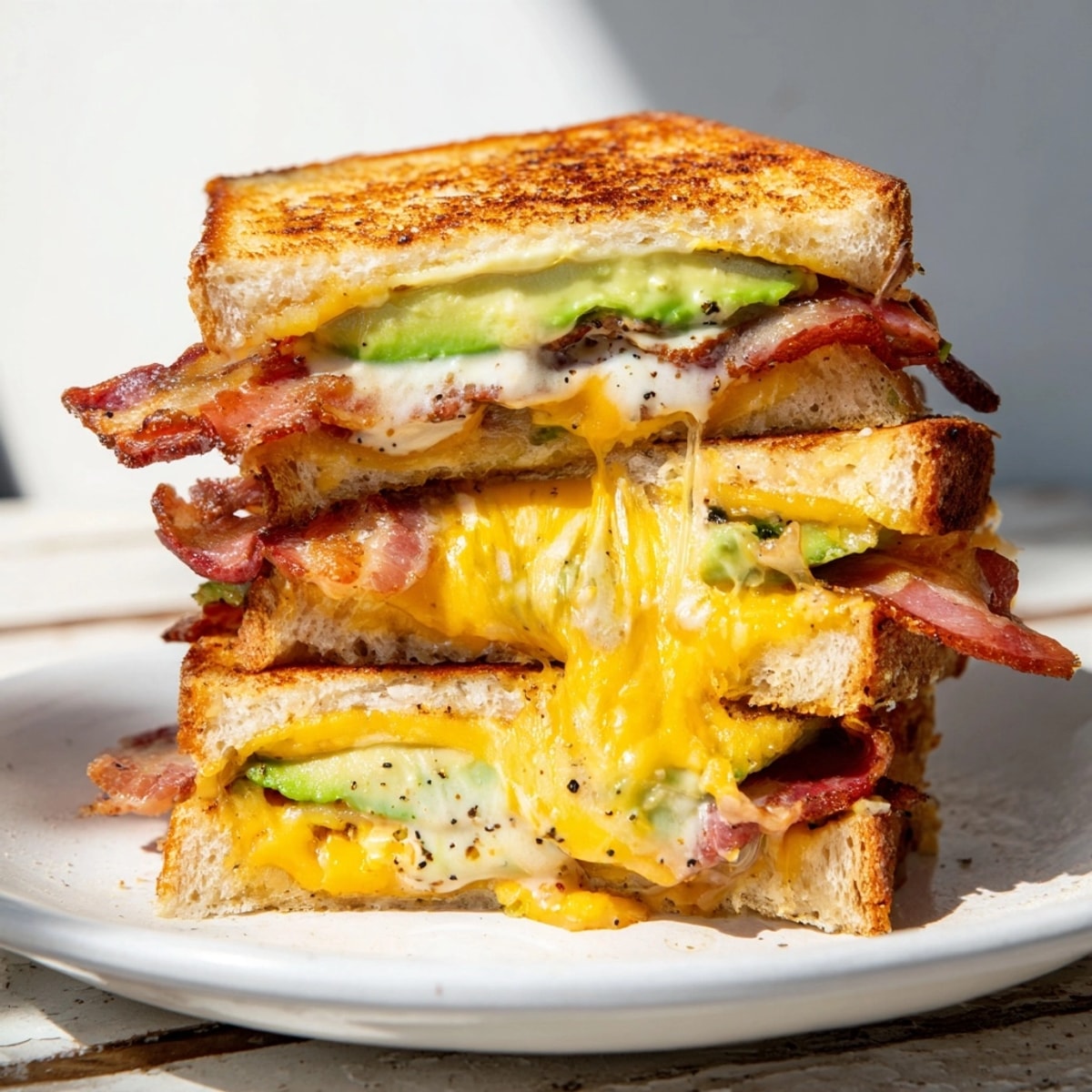 Hot, savory Bacon Avocado Ranch Grilled Cheese sandwich, fresh off the griddle, a satisfying easy recipe.