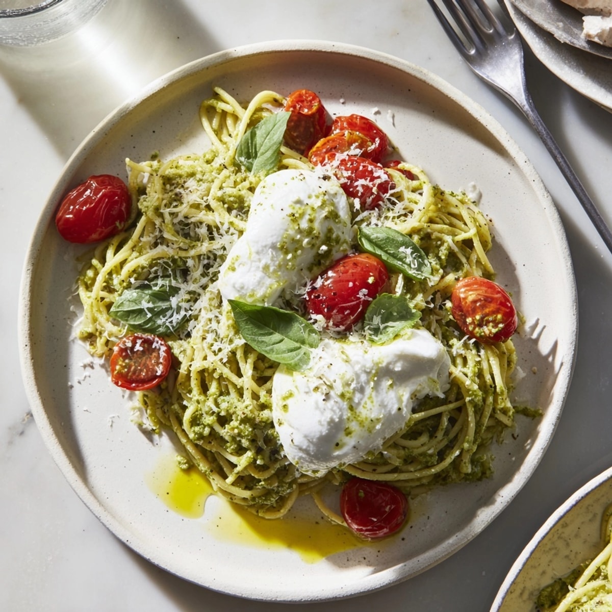 Creamy Pesto Pasta with Burrata: a delicious bowl with bright green basil and burst tomatoes.
