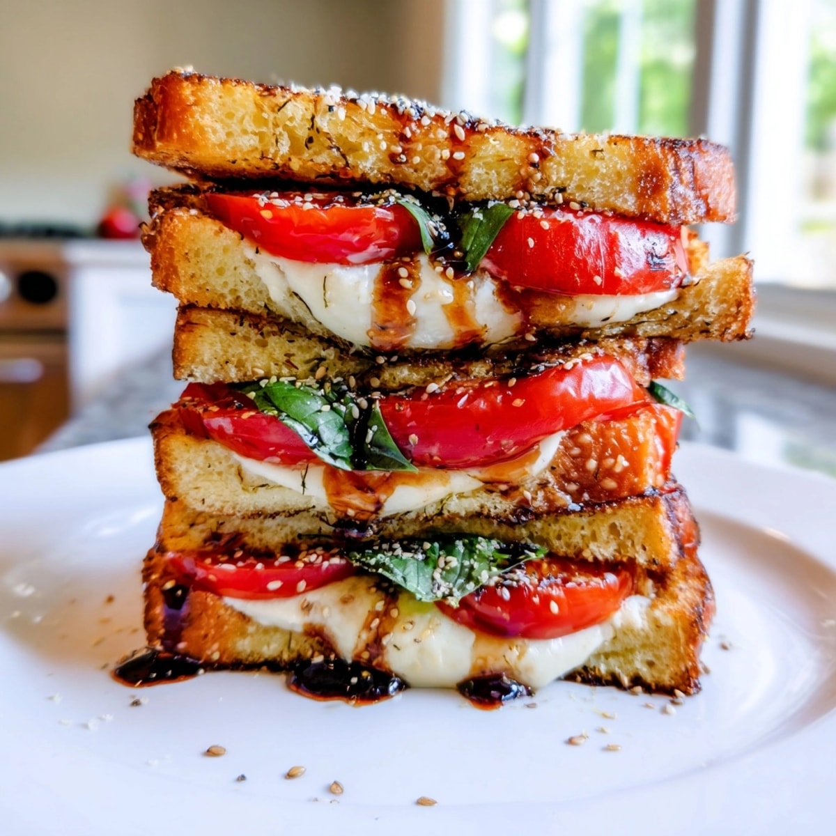 Golden, buttery Caprese Grilled Cheese, oozing with melted mozzarella and bright, ripe tomatoes.