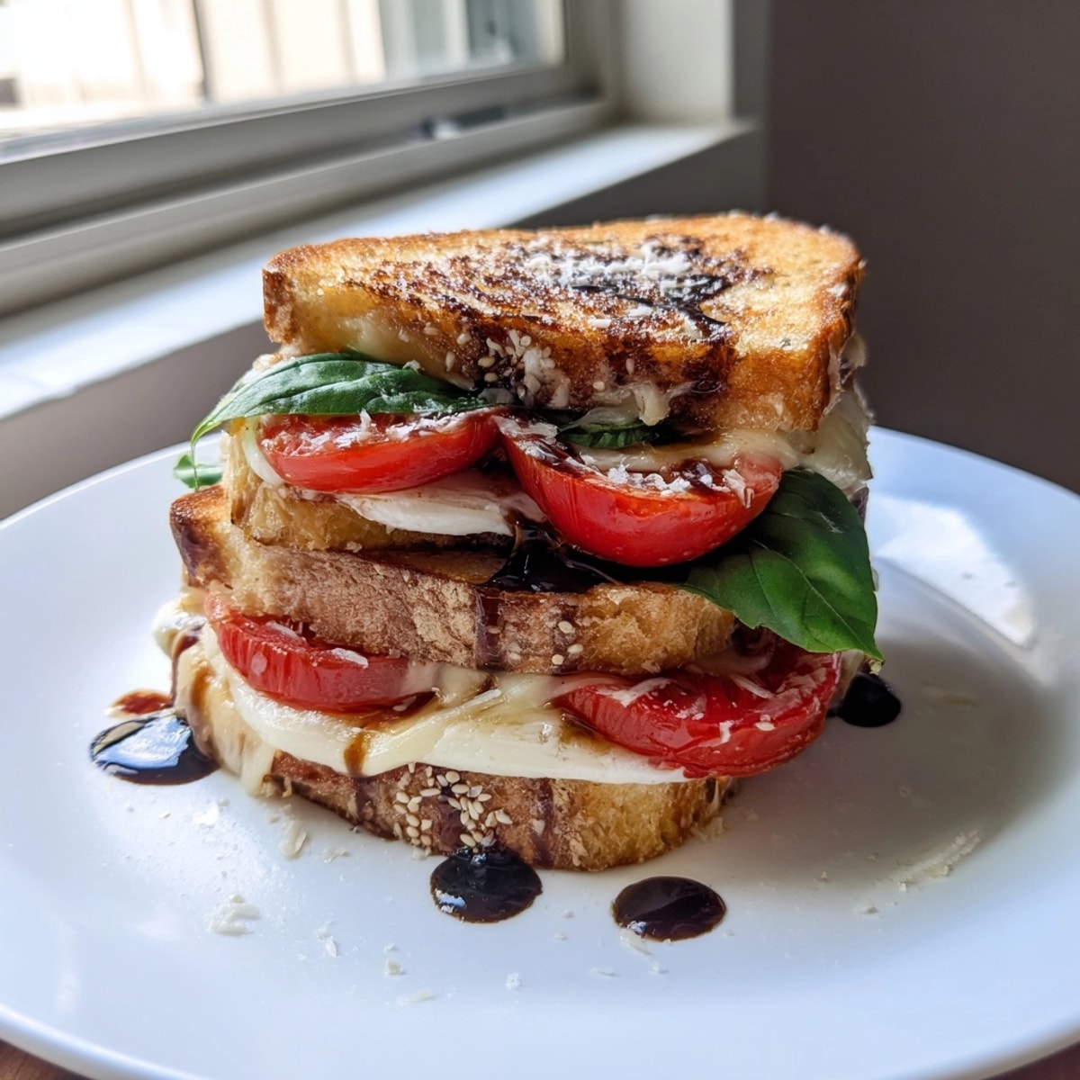 Warm, crisp Caprese Grilled Cheese: a flavor explosion with balsamic glaze on toasted bread.