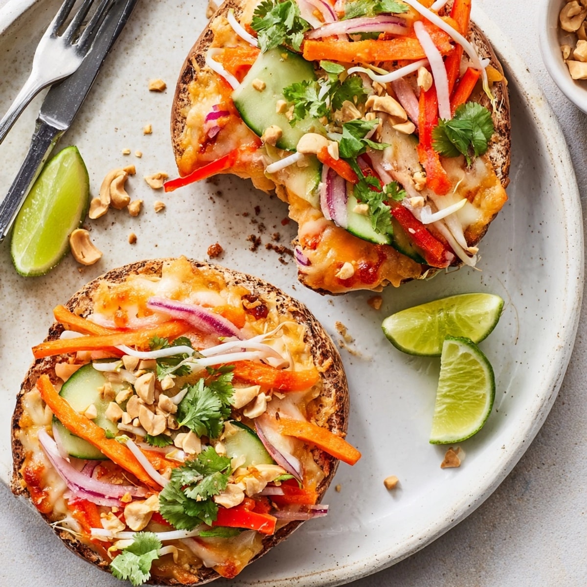 Golden-baked Thai Peanut Veggie Pizza Bagels with melted cheese and fresh cilantro.