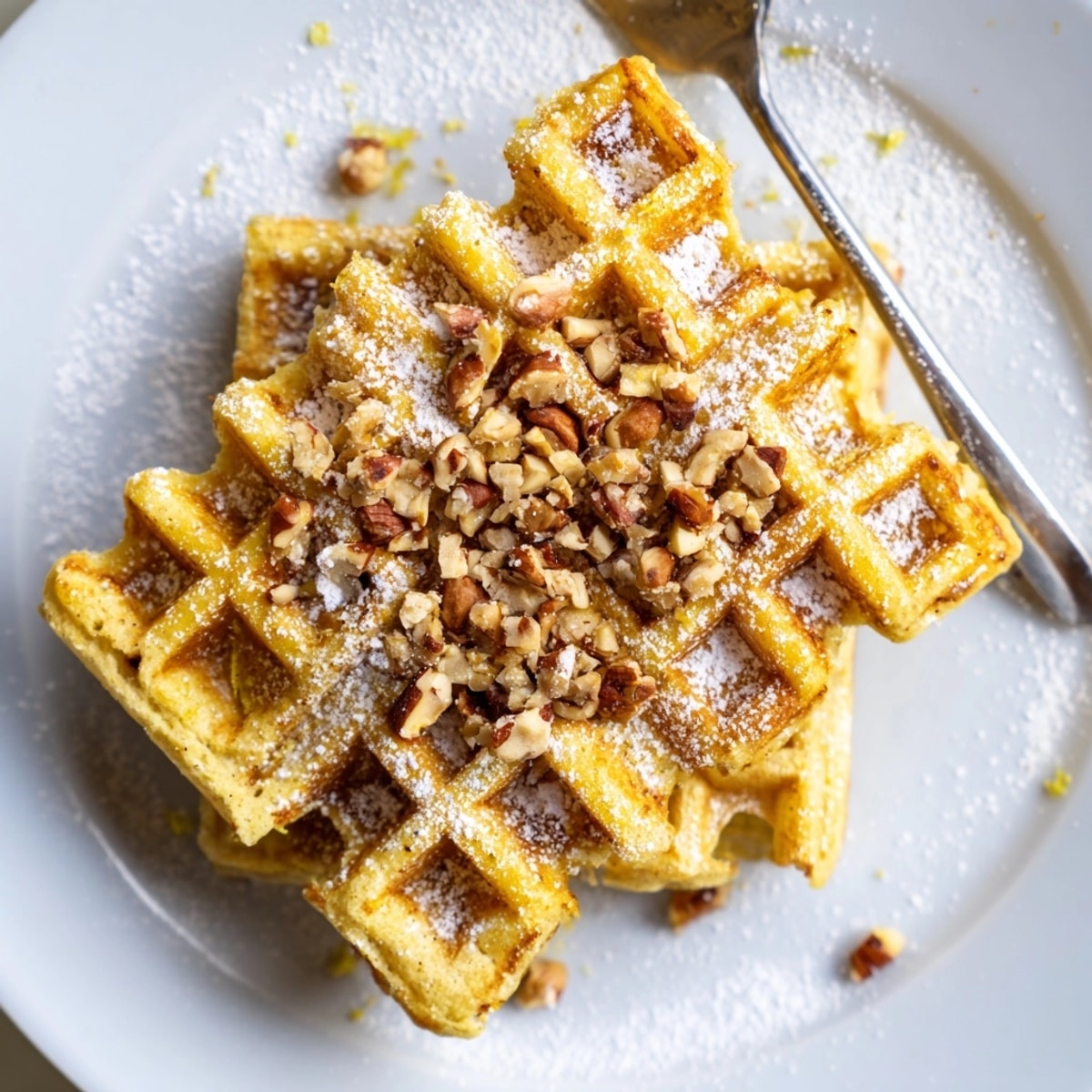 Golden Ricotta Lemon Hazelnut Waffles: A stack dripping with syrup, ready to enjoy now!