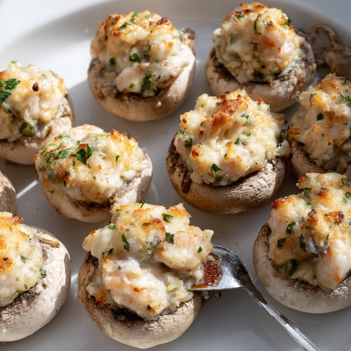 Golden Shrimp Alfredo Stuffed Mushrooms, warm and creamy, baking on a parchment-lined sheet.