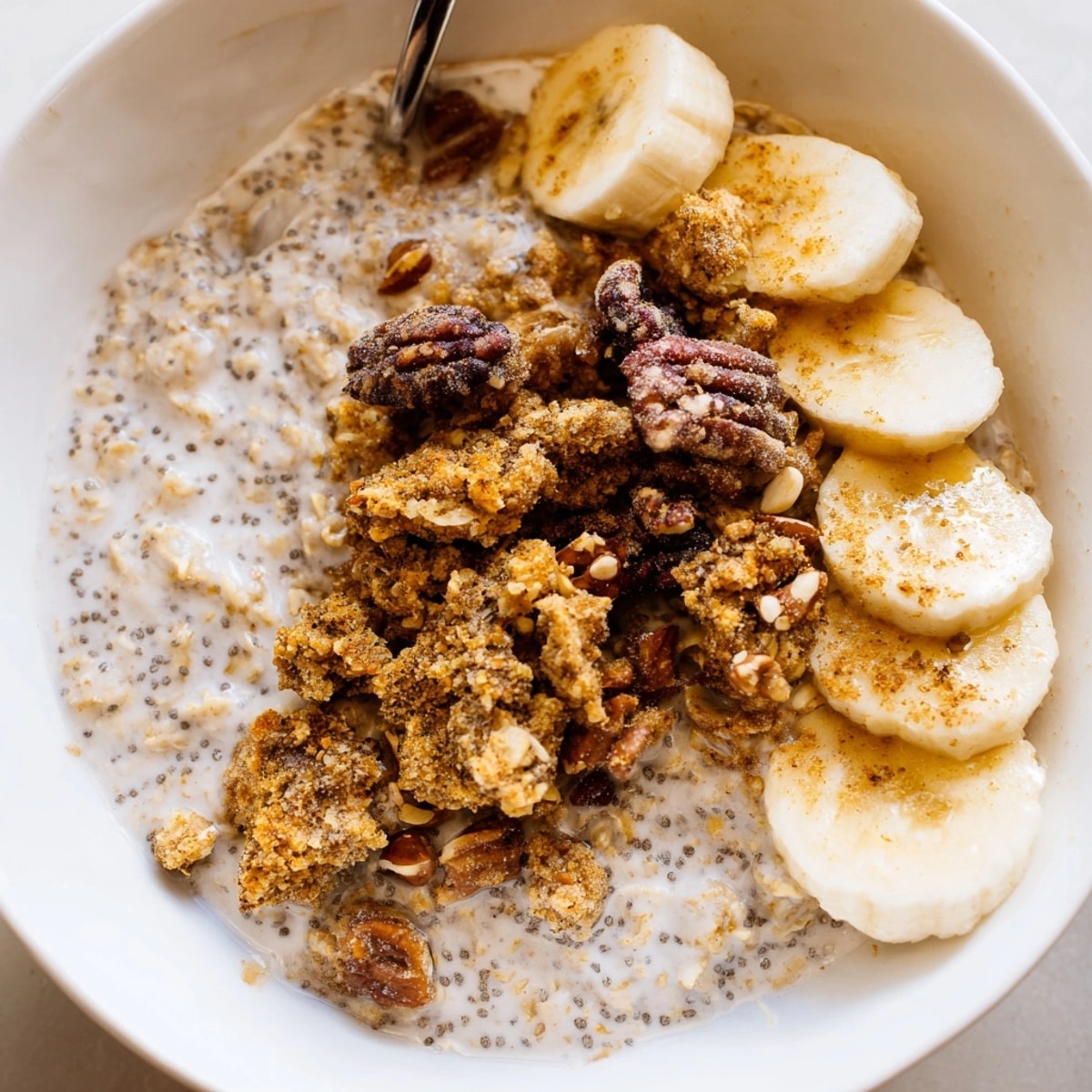 Creamy Protein Cinnamon Crunch Oatmeal topped with golden, toasted nuts and ripe berries.