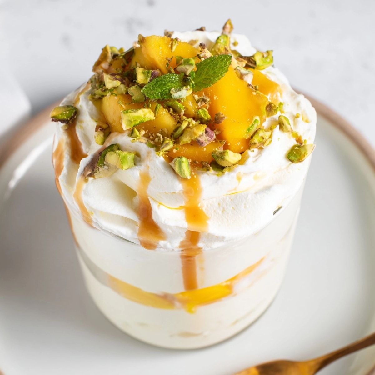 Creamy Mango Caramel Ricotta Parfait in clear glass, layers visible, pistachios sprinkled.