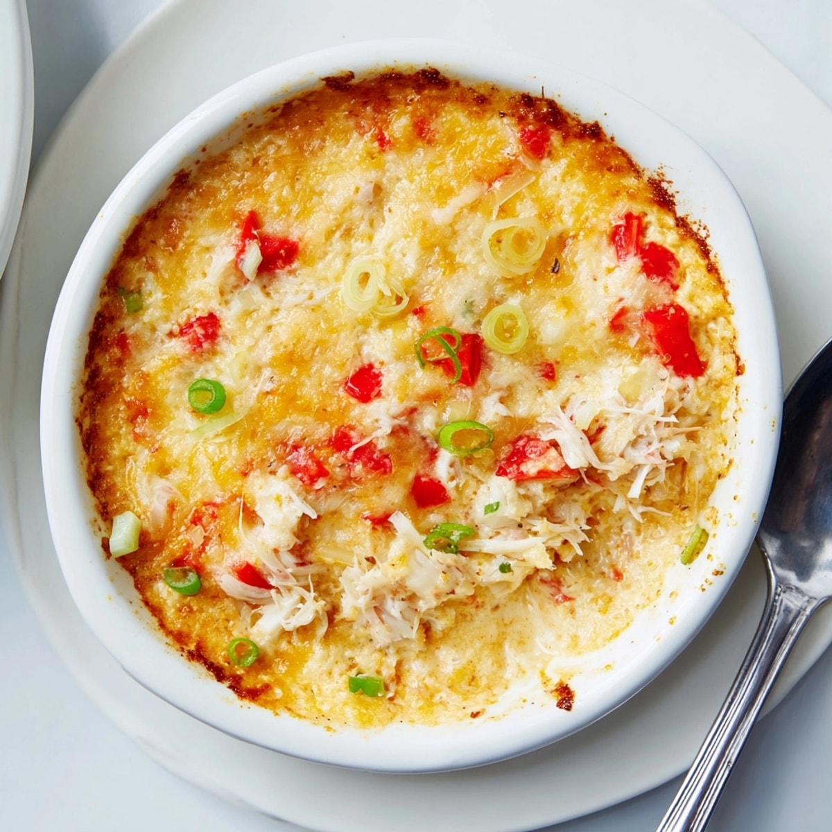 Close-up of warm Cheesy Cajun Crab Dip, featuring melted cheese and a sprinkle of paprika.