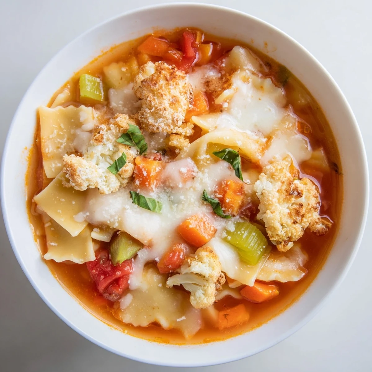 Hearty lasagne soup topped with crispy cauliflower croutons and fresh basil.  