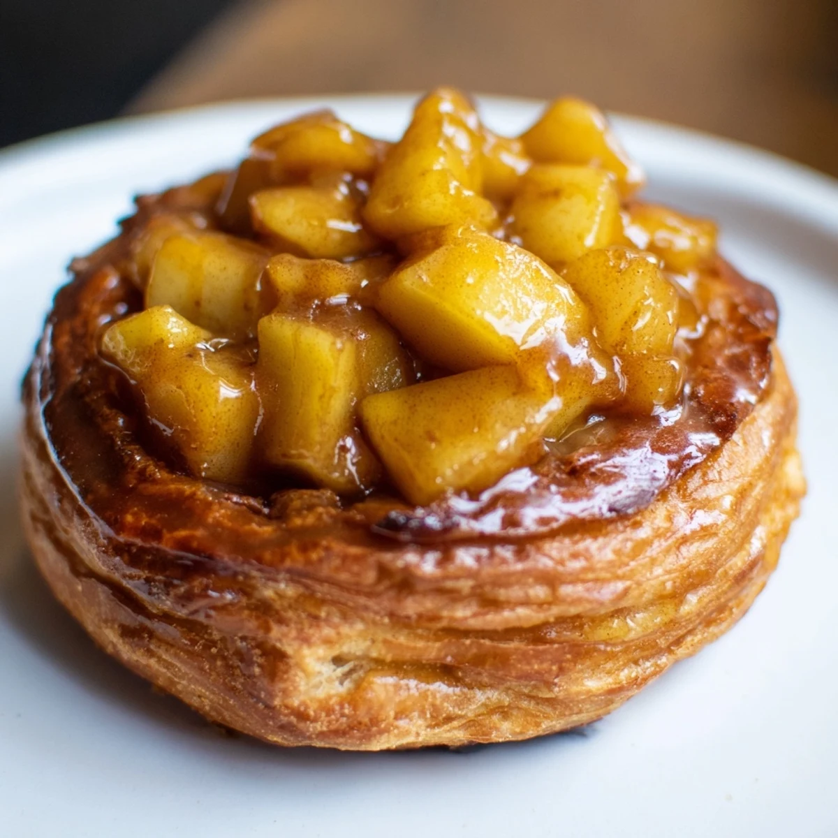 Golden-brown donuts filled with spiced caramelized apples, topped with sweet caramel sauce.