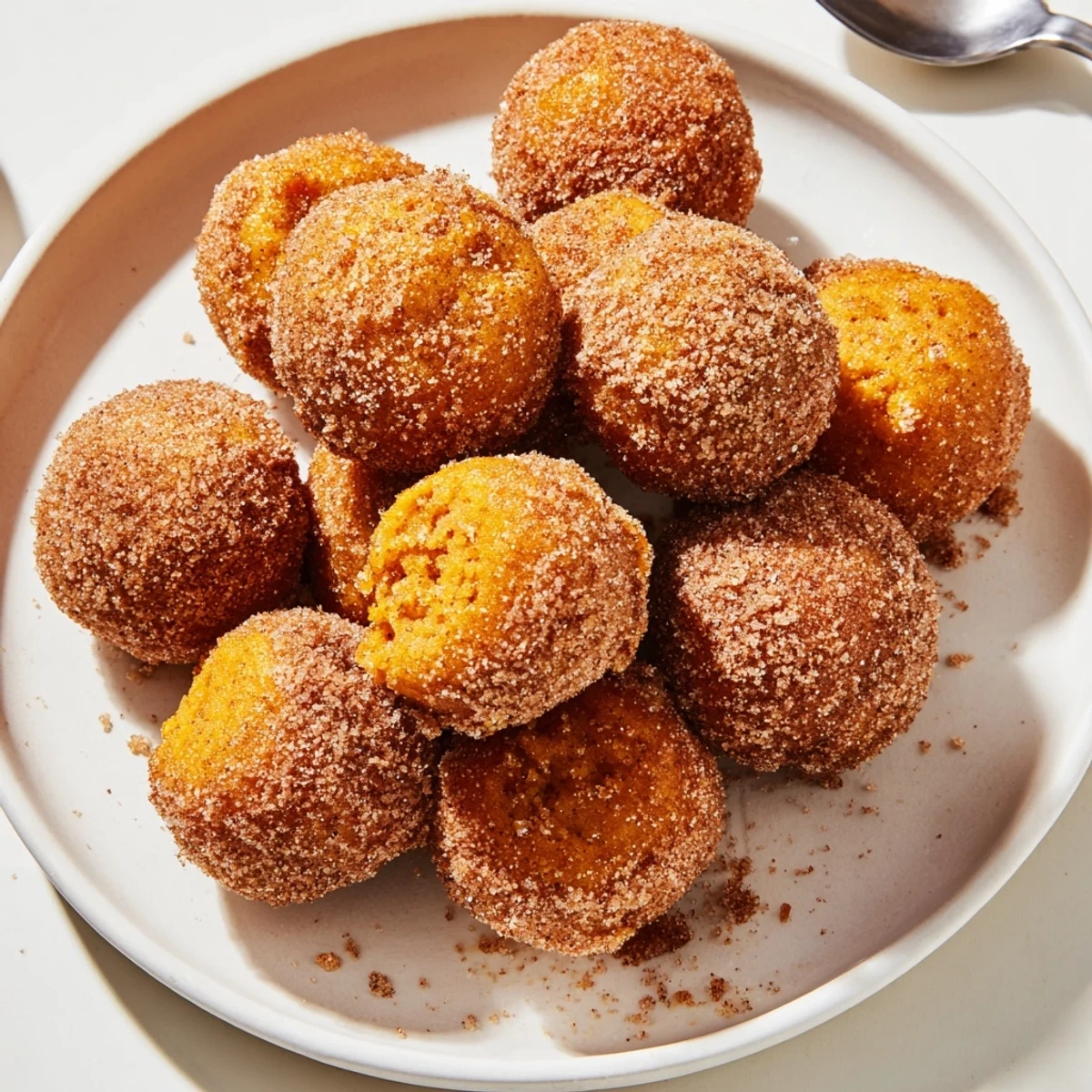 Tender pumpkin muffin donut holes coated in cinnamon sugar for delightful bites.  
