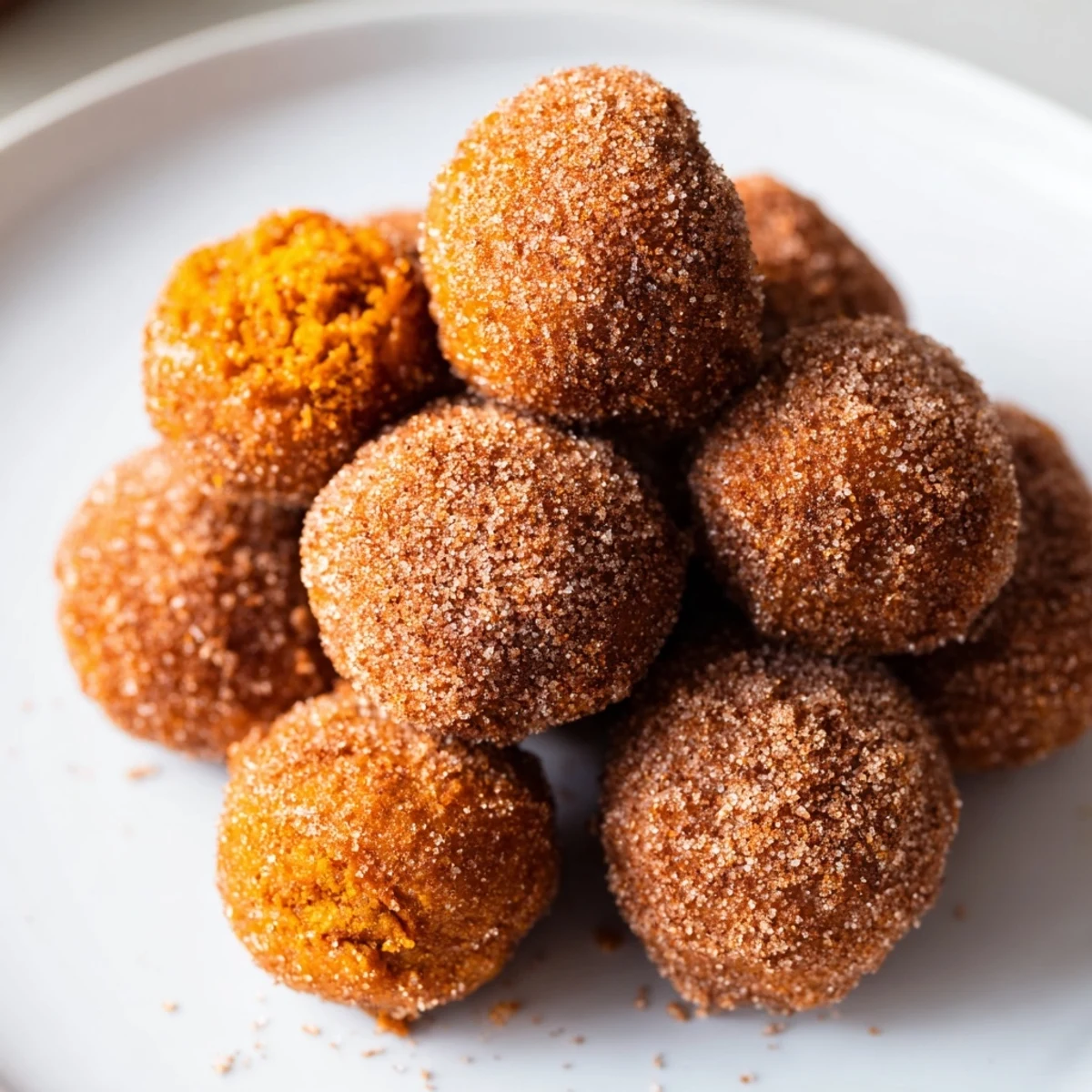 Warm and cozy pumpkin muffin donut holes, perfectly dusted with cinnamon sweetness.  
