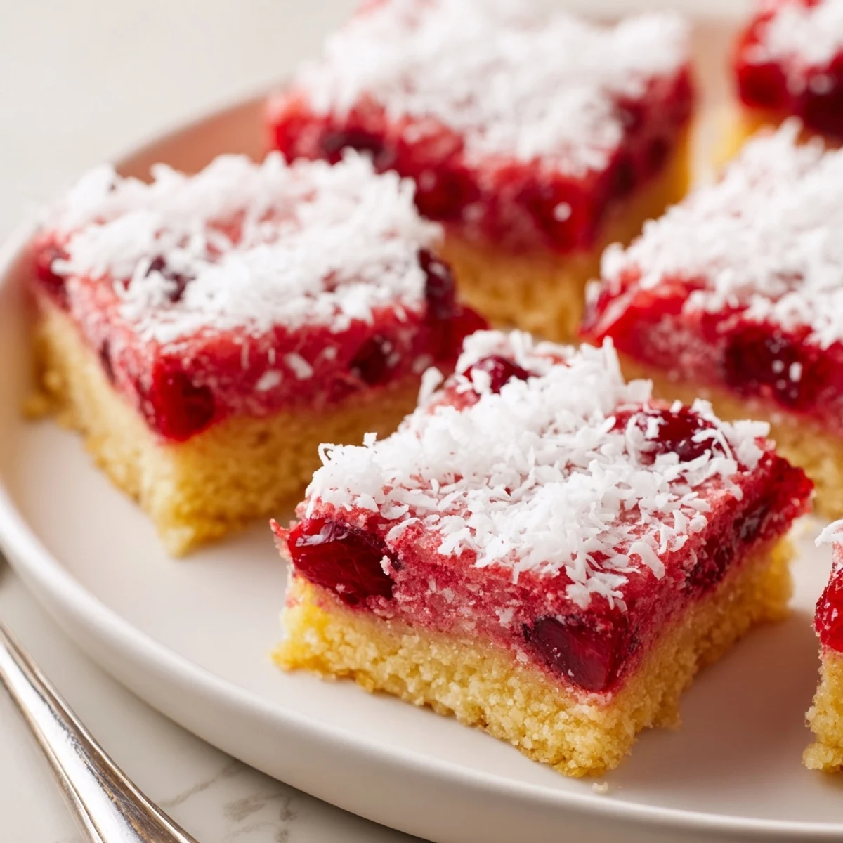 Chewy Thanksgiving Cranberry Mochi Squares topped with coconut, bursting with sweet-tart flavors.  