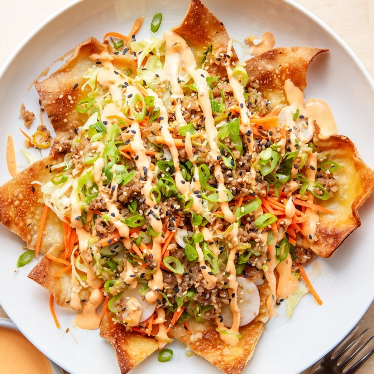 Japanese Gyoza Nachos Sriracha