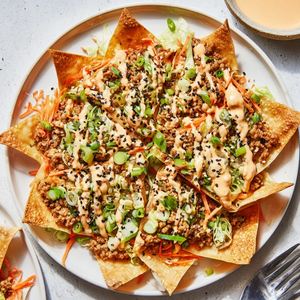 Deliciously layered Japanese Gyoza Nachos served with vibrant pickled ginger and carrots.  