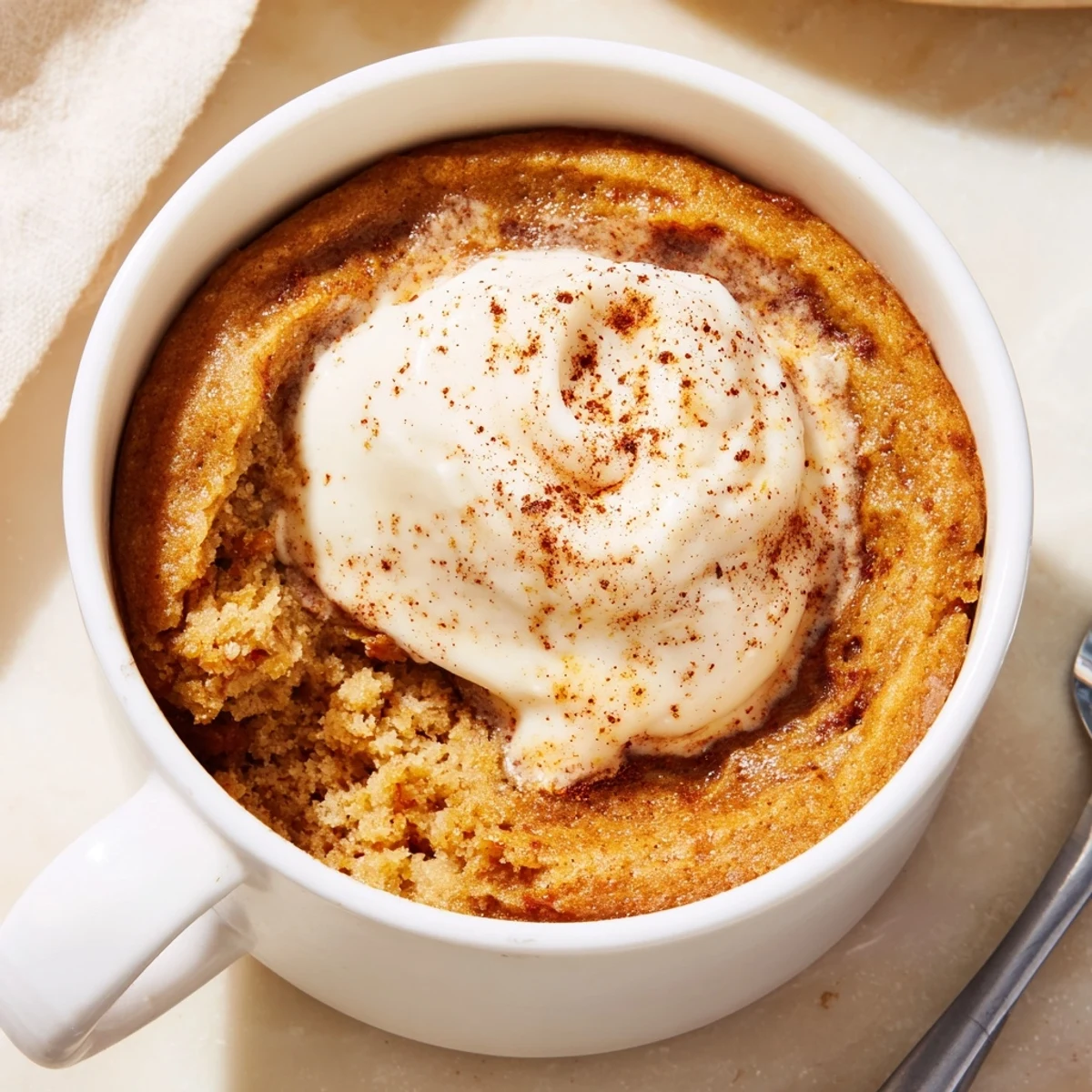 Indulge in this creamy pumpkin muffin mug cake, warm and comforting for fall.  