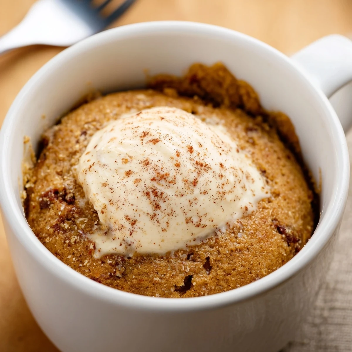 A delightful creamy pumpkin muffin mug cake topped with sweetened cream cheese bliss.  