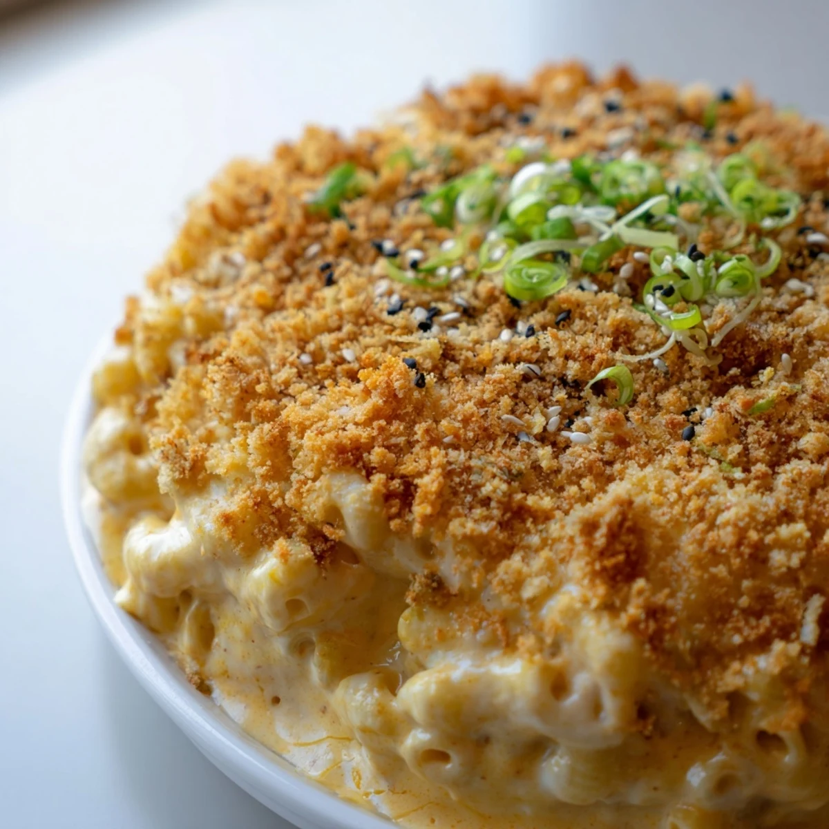 Golden-baked Katsu Curry Mac & Cheese, bursting with cheesy and spicy flavors.  
