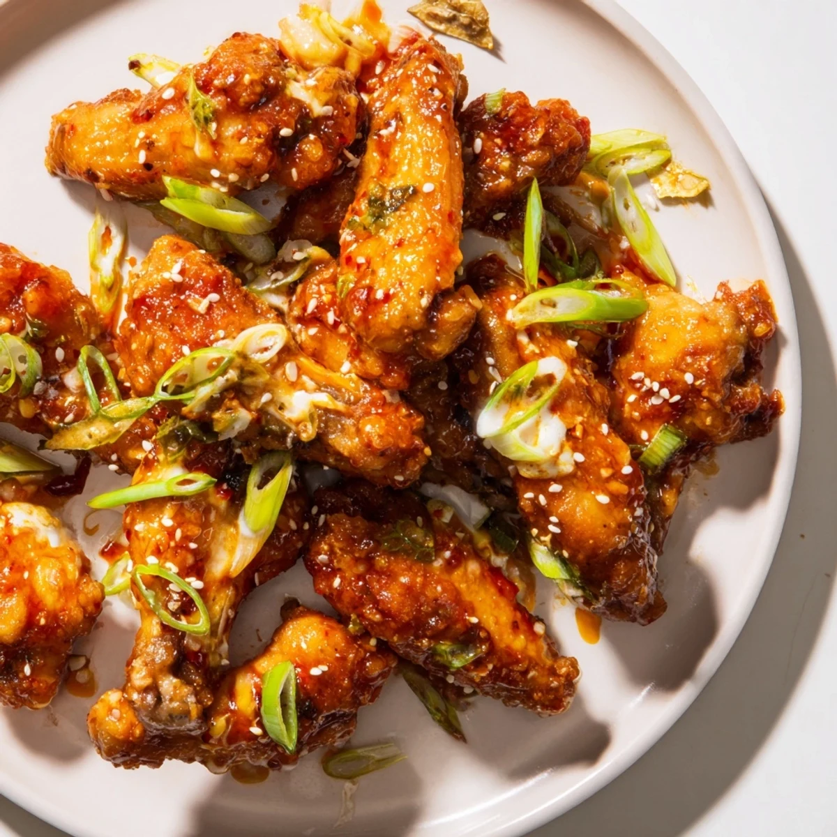 Crispy chili garlic soda float wings drizzled with tangy soda, ready to serve.  