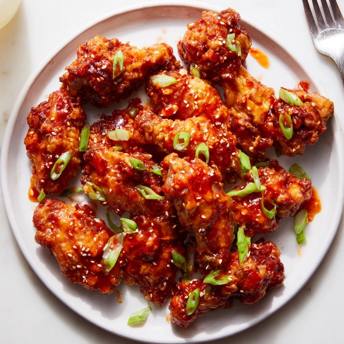 Flavor-packed chili garlic soda float wings garnished with green onions and sesame seeds.