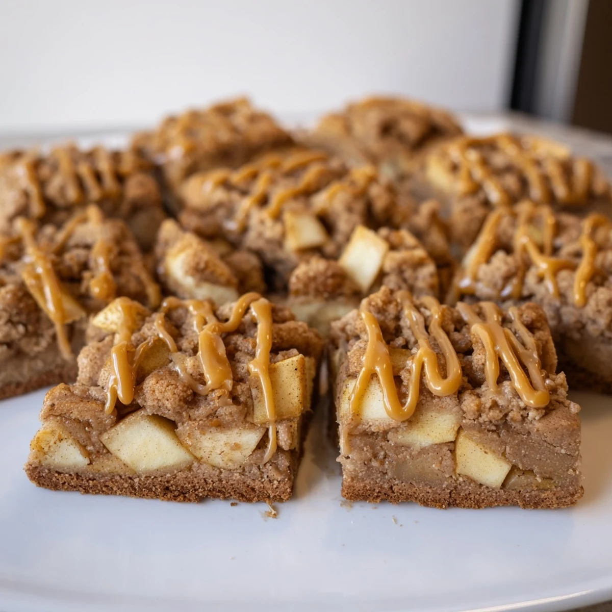 Warm layers of caramel and cinnamon apples in spiced cookie bars, a cozy treat.  