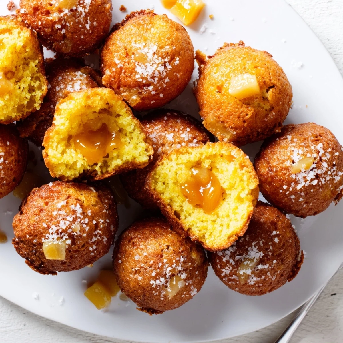 Fluffy caramel apple cornbread poppers served warm, perfect for fall snacks.  