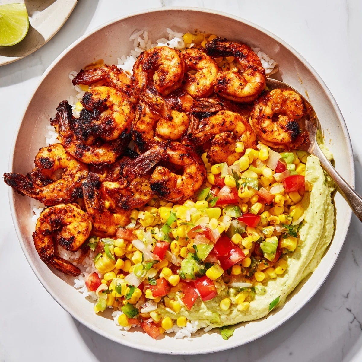 Grilled Shrimp Bowl with Avocado, Corn Salsa & Creamy Sauce topped with vibrant cilantro sprigs.  