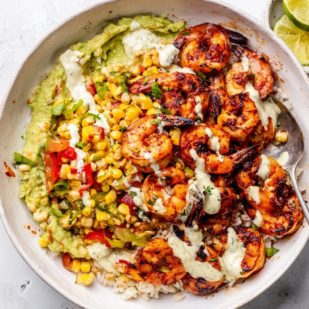 Flavorful Grilled Shrimp Bowl featuring smoky shrimp, creamy avocado, and zesty corn salsa.  