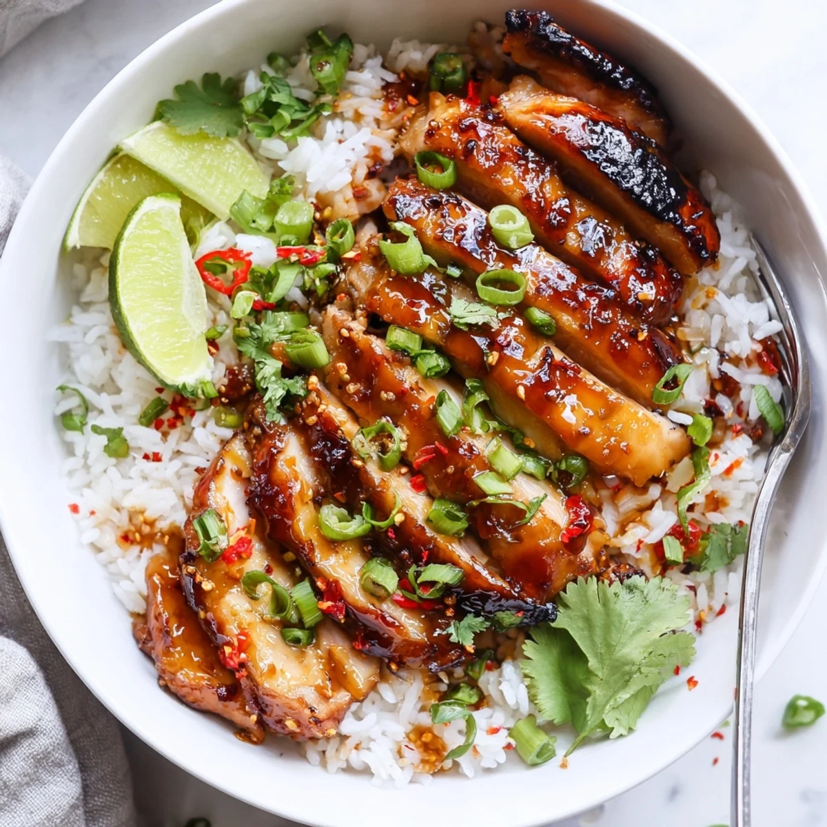 Juicy Sweet Chili Chicken Bowl topped with creamy coconut lime drizzle and cilantro  