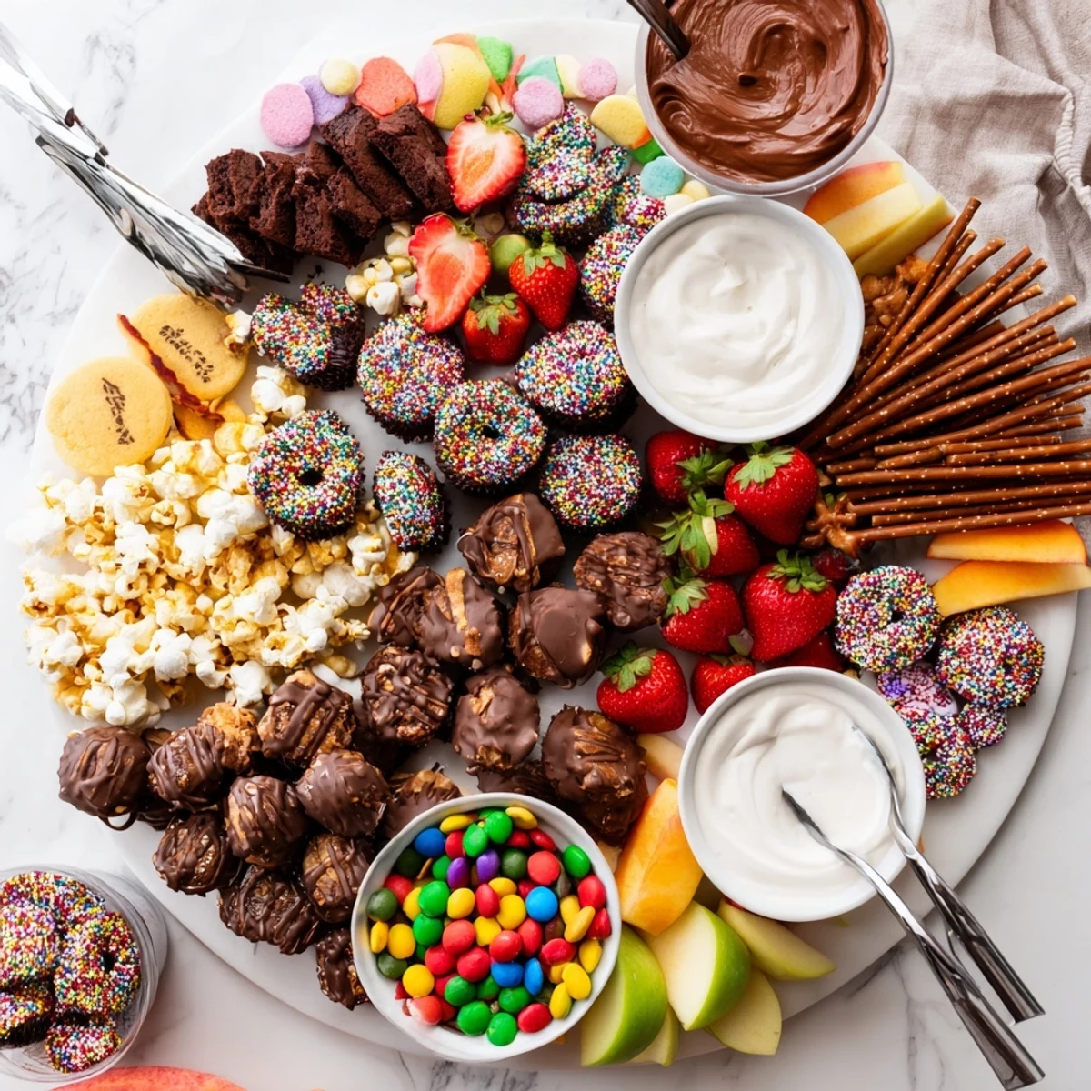Colorful dessert boards with themed snacks, featuring sweet cookies and fresh fruits.  