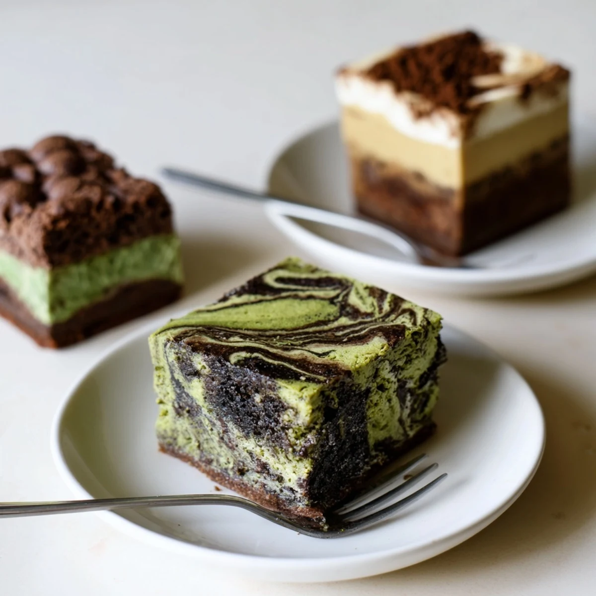 Delicious matcha-miso brownies topped with chocolate and a hint of miso flavor.  