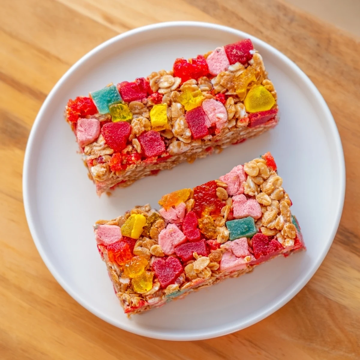 Chewy homemade gummy bars topped with freeze-dried candy for a delightful snack.  