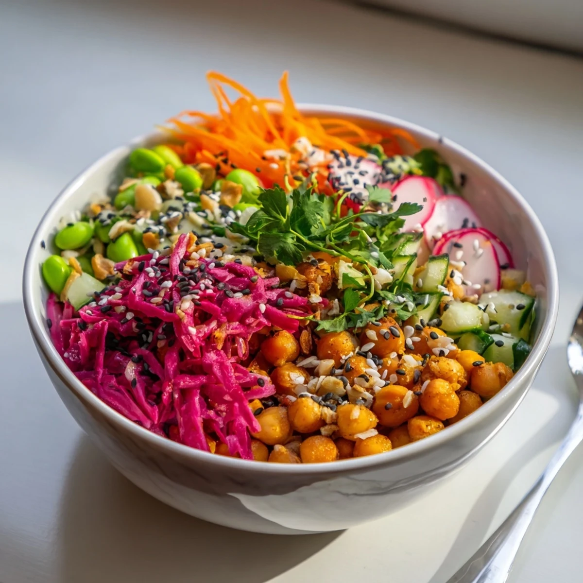 Colorful ASMR Crunch Snack Bowls filled with vibrant veggies and crispy textures.  