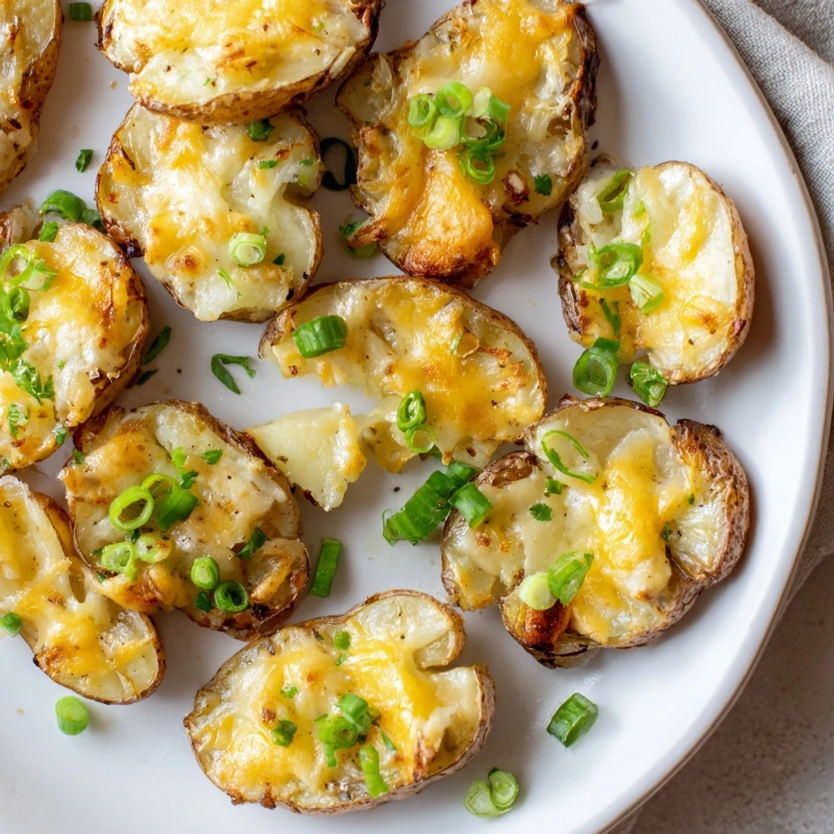 Crispy Smashed Green Onion Potato Bombs topped with melted cheese and fresh herbs.