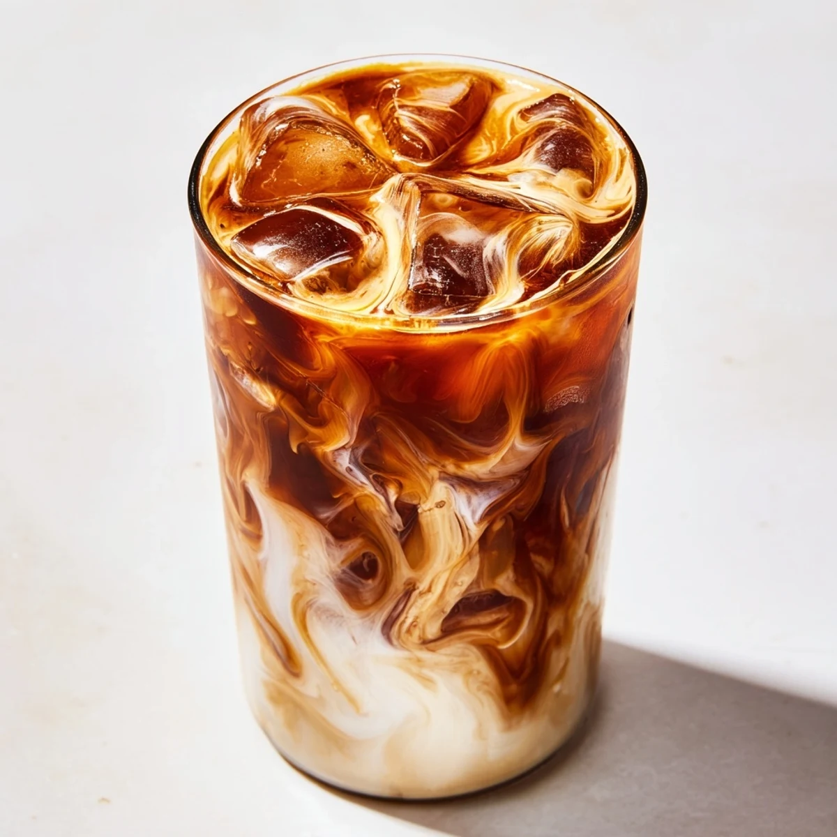 Rich tahini iced coffee topped with creamy plant-based milk and ice cubes.  