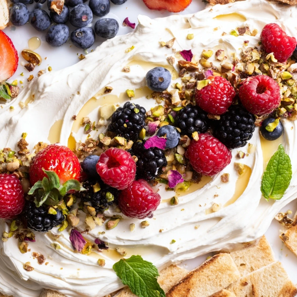 Colorful butter board dessert featuring flavored cream cheese and vibrant berry toppings.